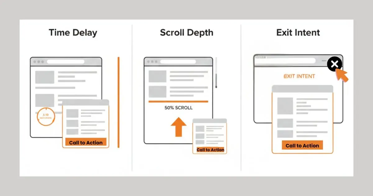 A professional three-part infographic for an ecommerce blog illustrating popup trigger strategies. The layout includes three sections: "Time Delay" showing a timer icon and popup after a few seconds, "Scroll Depth" showing a popup triggered at 50% page scroll, and "Exit Intent" showing a popup triggered as a cursor moves toward the close button.